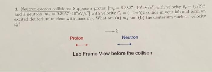 3. Neutron-proton collisions: Suppose a proton (m, = 9.3827 · 10°eV/c] with velocity , = (c/2).
and a neutron m, = 9.3957 - 10°eV/c) with velocity un = (-2c/5)a collide in your lab and form an
excited deuterium nucleus with mass ma. What are (a) ma and (b) the deuterium nucleus' velocity
%3D
%3D
Proton
Neutron
Lab Frame View before the collison
