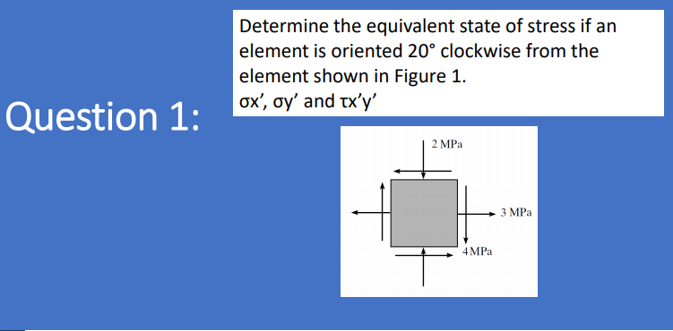 Determine the equivalent state of stress if an
element is oriented 20° clockwise from the
element shown in Figure 1.
ох, оу' and tx'y
Question 1:
2 MPа
3 МРа
4 MPa
