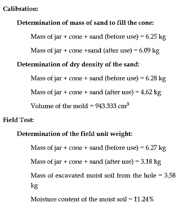Calibration:
Determination of mass of sand to fill the cone:
Mass of jar + cone + sand (before use) = 6.25 kg
Mass of jar + cone +sand (after use) = 6.09 kg
Determination of dry density of the sand:
Mass of jar + cone + sand (before use) = 6.28 kg
Mass of jar + cone + sand (after use) = 4.62 kg
Volume of the mold
=
943.333 cm³
Determination of the field unit weight:
Mass of jar + cone + sand (before use) = 6.27 kg
Mass of jar + cone + sand (after use) = 3.18 kg
Mass of excavated moist soil from the hole = 3.58
kg
Moisture content of the moist soil = 11.24%
Field Test: