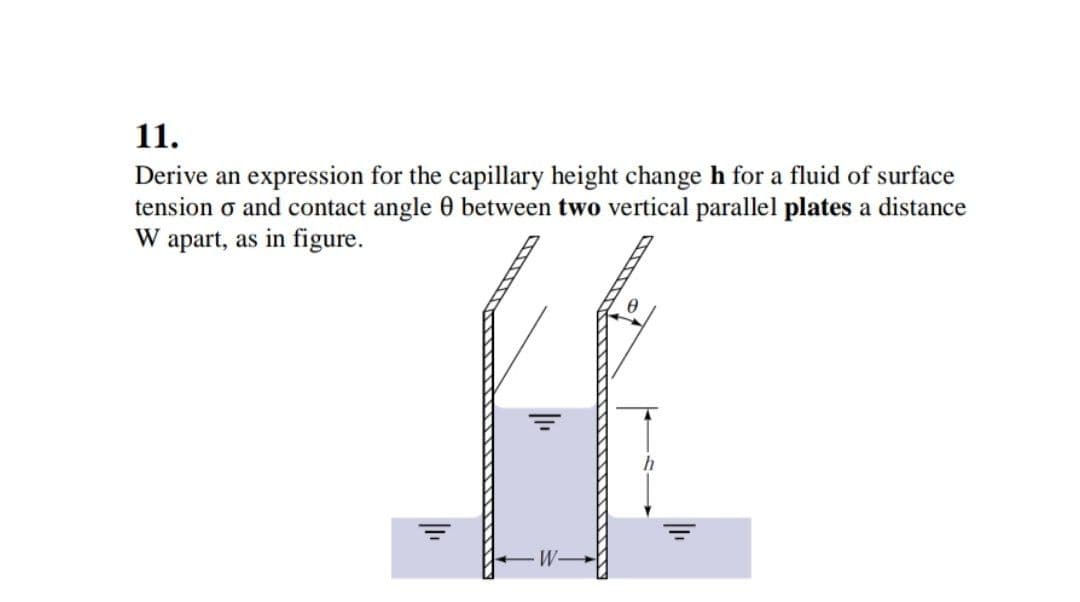 11.
Derive an expression for the capillary height change h for a fluid of surface
tension o and contact angle 0 between two vertical parallel plates a distance
W apart, as in figure.
