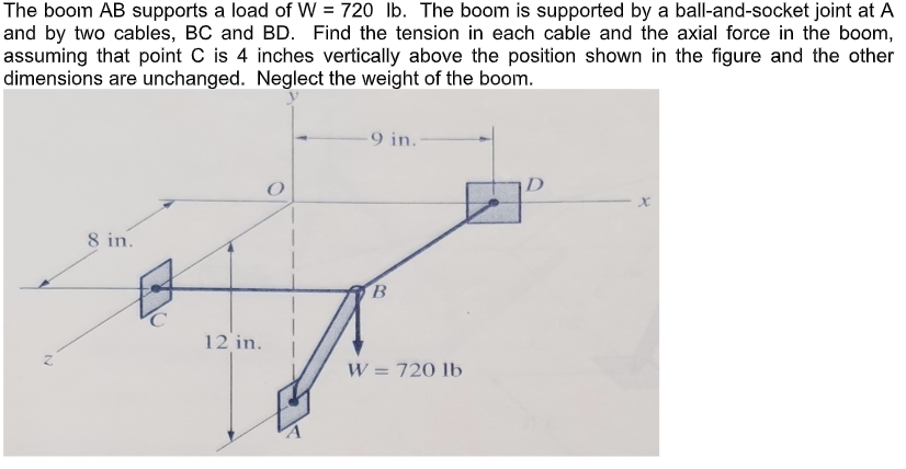 The boom AB supports a load of W = 720 lb. The boom is supported by a ball-and-socket joint at A
and by two cables, BC and BD. Find the tension in each cable and the axial force in the boom,
assuming that point C is 4 inches vertically above the position shown in the figure and the other
dimensions are unchanged. Neglect the weight of the boom.
-9 in.-
D
8 in.
12 in.
W = 720 lb
