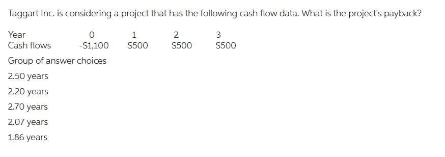 Taggart Inc. is considering a project that has the following cash flow data. What is the project's payback?
Year
0
3
Cash flows
-$1,100
$500
Group of answer choices
2.50 years
2.20 years
2.70 years
2.07 years
1.86 years
1
$500
2
$500