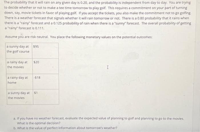 The probability that it will rain on any given day is 0.20, and the probability is independent from day to day. You are trying
to decide whether or not to make a tee time tomorrow to play golf. This requires a commitment on your part of turning
down, say, movie tickets in favor of playing golf. If you accept the tickets, you also make the commitment not to go golfing.
There is a weather forecast that signals whether it will rain tomorrow or not. There is a 0.80 probability that it rains when
there is a "rainy" forecast and a 0.125 probability of rain when there is a "sunny" forecast. The overall probability of getting
a "rainy" forecast is 0.111.
Assume you are risk neutral. You place the following monetary values on the potential outcomes:
a sunny day at
the golf course
a rainy day at
the movies
a rainy day at
home
$95
$20
-$18
a sunny day at $1
the movies
a. If you have no weather forecast, evaluate the expected value of planning to golf and planning to go to the movies.
What is the optimal decision?
b. What is the value of perfect information about tomorrow's weather?