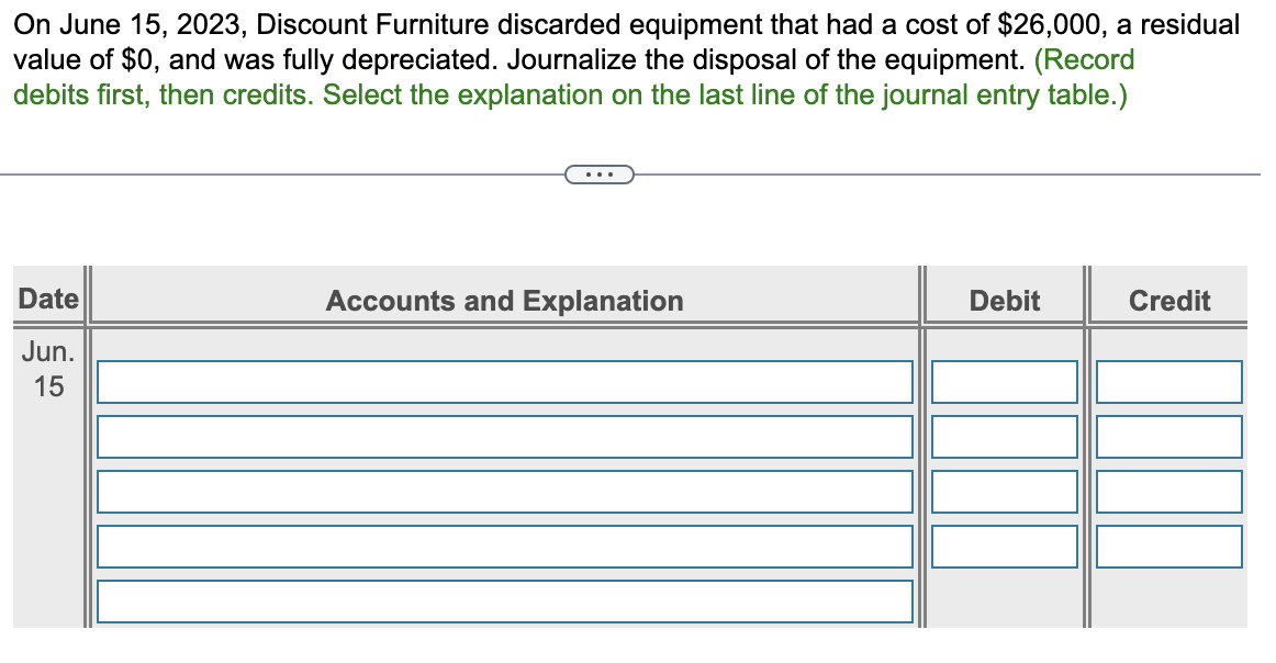 On June 15, 2023, Discount Furniture discarded equipment that had a cost of $26,000, a residual
value of $0, and was fully depreciated. Journalize the disposal of the equipment. (Record
debits first, then credits. Select the explanation on the last line of the journal entry table.)
Date
Jun.
15
Accounts and Explanation
Debit
Credit