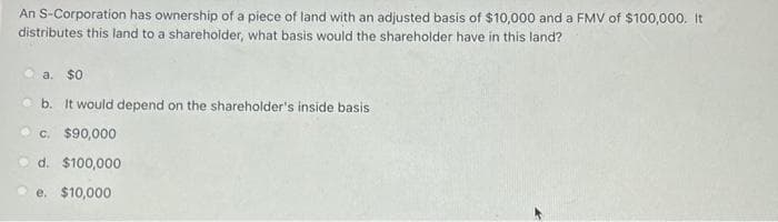 An S-Corporation has ownership of a piece of land with an adjusted basis of $10,000 and a FMV of $100,000. It
distributes this land to a shareholder, what basis would the shareholder have in this land?
a. $0
b. It would depend on the shareholder's inside basis
c. $90,000
d. $100,000
e. $10,000