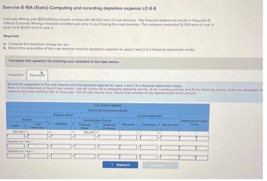 Exercise 8-19A (Static) Computing and recording depletion expense LO 8-9
Colorado Mining paid $600,000 to ecquire a mine with 40,000 tons of coal reserves. The financial statements model in Required
reflects Colorado Mining's financial condition just prior to purchasing the coal reserves. The company extracted 15,000 tons of coalin
year 1 and 18.000 tons in year 2
Required:
a. Compute the depiction charge per ton.
Record the acquisition of the coal reserves and the depletion expense for years 1 and 2 in a financial statements model
Complete this question by entering your answers in the tabs below.
Required A Requ
Recand the acquisition of the coal reserves and the depletion expense for years 1 and 2 in a financial statements mode
Note: In the Statement of Cash Flows column, use the initials CA to designate cperating activity, 1A for investing activity and FA for trancing activity Enter any decreases.co
talences and cash outhwes with a minus sign. Not at cells require input. Round final answers to the nearest whole dollar amoure
Assel
Cash
500.000
COM
Reserves
Depler1
Der2
10
Untitie
1-4
1-4
164
H
Com
COLORADO MNING
Horizontal Statements Ma
Stock
heldere Couty
800,000
04
Ratained
Earnings
<
fever
Income taleerd
Expenses Net Income
04
6)
Steement of Cast
FLE