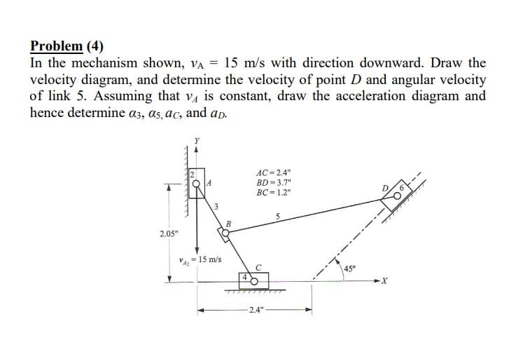 Problem (4)
In the mechanism shown, VA = 15 m/s with direction downward. Draw the
velocity diagram, and determine the velocity of point D and angular velocity
of link 5. Assuming that v4 is constant, draw the acceleration diagram and
hence determine a3, as, ac, and ap.
2.05"
A₂
3
= 15 m/s
B
AC 2.4"
BD = 3.7"
BC = 1.2"
-2.4"
5
45°
---
-X
DOL
