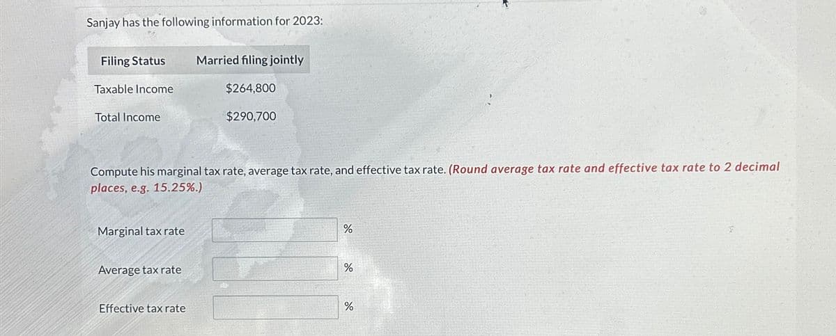 Sanjay has the following information for 2023:
Filing Status
Married filing jointly
Taxable Income
$264,800
Total Income
$290,700
Compute his marginal tax rate, average tax rate, and effective tax rate. (Round average tax rate and effective tax rate to 2 decimal
places, e.g. 15.25%.)
Marginal tax rate
%
Average tax rate
%
Effective tax rate
%