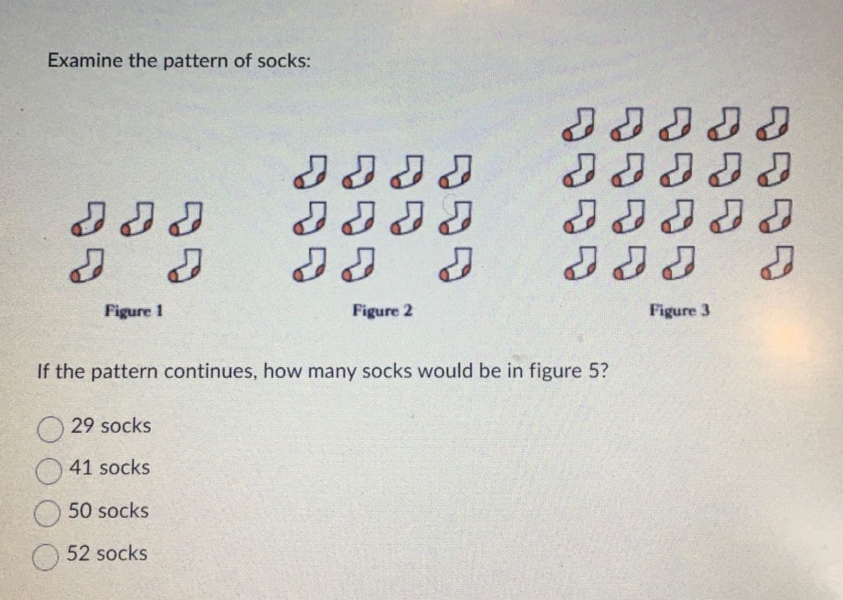 Examine the pattern of socks:
Figure 1
ச
ச
ச
Figure 2
If the pattern continues, how many socks would be in figure 5?
29 socks
41 socks
50 socks
52 socks
Figure 3
ச