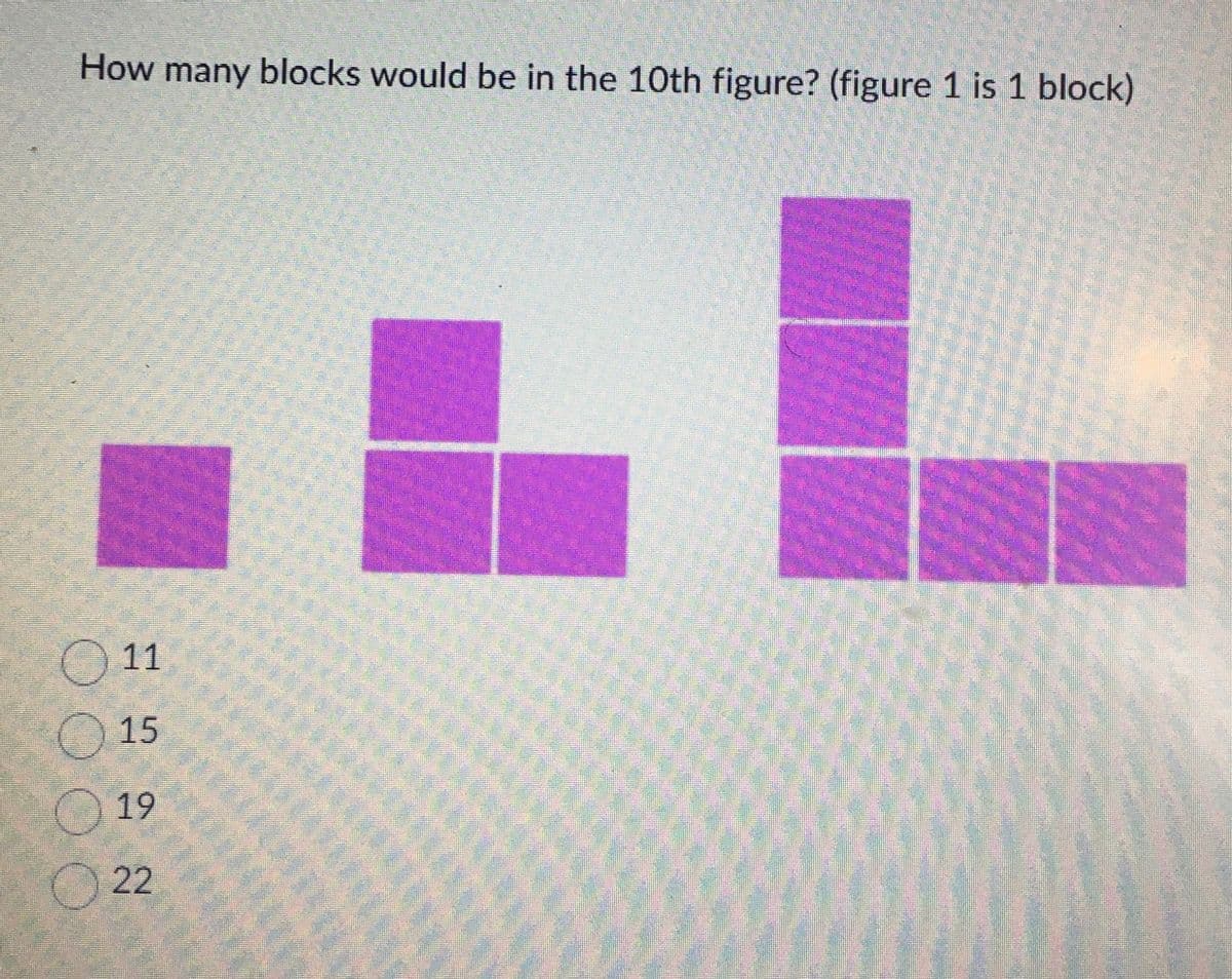 How many blocks would be in the 10th figure? (figure 1 is 1 block)
11
15
19
22