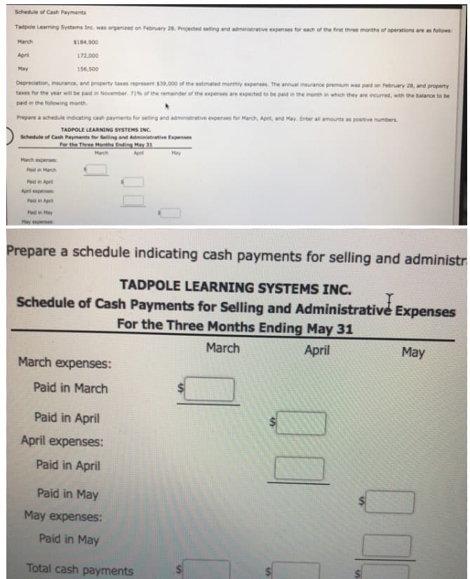 Schedule of Cash Payments
Tadpole Learning Systems Inc. was organized on February 28. Projected selling and administrative expenses for each of the first three months of operations are as follows:
March
$184,900
April
172,000
May
156,500
Depreciation, insurance, and property taxes represent $39,000 of the estimated monthly expenses. The annual insurance premium was paid on February 28, and property
taves for the year will be paid in November. 71% of the remainder of the expenses are expected to be paid in the month in which they are incurred, with the balance to be
paid in the following month.
Prepare a schedule indicating cash payments for selling and administrative expenses for March, Apri, and May. Enter all amounts as positive numbers.
TADPOLE LEARNING SYSTEMS INC.
Schedule of Cash Payments for Selling and Administrative Expenses
For the Three Months Ending May 31
March
Apr
May
March expenses
Paid in March
Paid in April
Apri expenses
Paidin April
Pad in May
May expenses
Prepare a schedule indicating cash payments for selling and administr
TADPOLE LEARNING SYSTEMS INC.
Schedule of Cash Payments for Selling and Administrative Expenses
For the Three Months Ending May 31
March
April
May
March expenses:
Paid in March
Paid in April
April expenses:
Paid in April
Paid in May
May expenses:
Paid in May
Total cash payments
24
00
24
%24
%24
