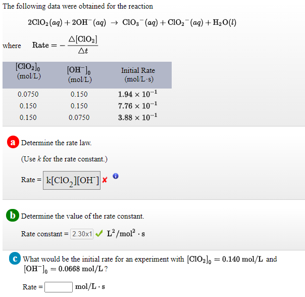 The following data were obtained for the reaction
2C102 (ag) + 20H (ag) → Cl0; (ag) + C102 (ag) + H,0(1)
A[CIO2]
where
Rate
= -
At
[C102]o
(mol L)
[OH ],
(mol L)
Initial Rate
(molL·s)
0.0750
0.150
1.94 x 10-1
0.150
0.150
7.76 x 10-1
0.150
0.0750
3.88 x 10-1
a Determine the rate law.
(Use k for the rate constant.)
Rate = k[ClO,][OH]
b Determine the value of the rate constant.
Rate constant = 2.30x1 / L²/mol? - s
c What would be the initial rate for an experiment with [CIO2], = 0.140 mol/L and
[OH], = 0.0668 mol/L?
Rate =
mol/L·s
