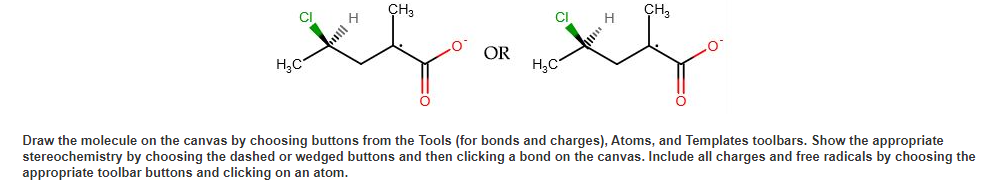 CH3
H
th
H₂C
OR
CI
H₂C
H
Draw the molecule on the canvas by choosing buttons from the Tools (for bonds and charges), Atoms, and Templates toolbars. Show the appropriate
stereochemistry by choosing the dashed or wedged buttons and then clicking a bond on the canvas. Include all charges and free radicals by choosing the
appropriate toolbar buttons and clicking on an atom.