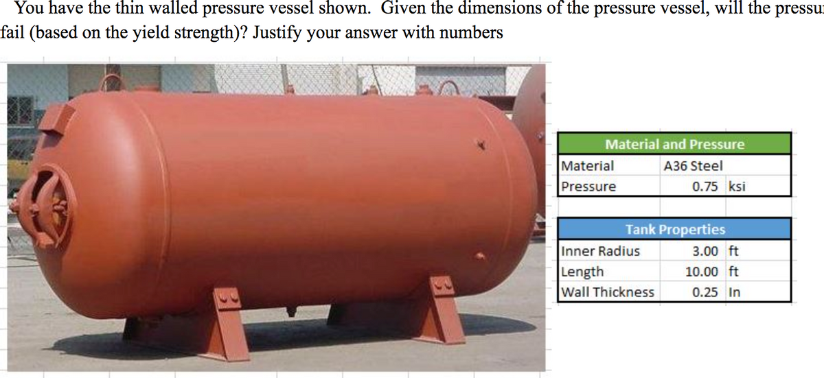 You have the thin walled pressure vessel shown. Given the dimensions of the pressure vessel, will the pressu
fail (based on the yield strength)? Justify your answer with numbers
Material and Pressure
Material
A36 Steel
Pressure
0.75 ksi
Tank Properties
Inner Radius
3.00 ft
Length
Wall Thickness
10.00 ft
0.25 In

