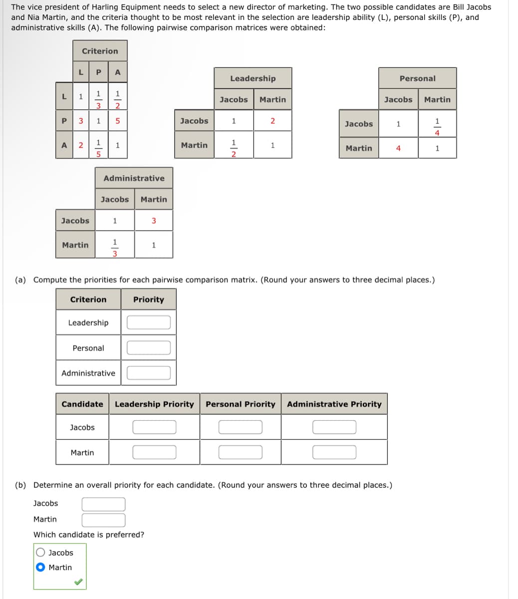 The vice president of Harling Equipment needs to select a new director of marketing. The two possible candidates are Bill Jacobs
and Nia Martin, and the criteria thought to be most relevant in the selection are leadership ability (L), personal skills (P), and
administrative skills (A). The following pairwise comparison matrices were obtained:
L
P
A
Criterion
L
1
3
2
Jacobs
Martin
P
1 1
3 2
1
5
1
5
Jacobs
Martin
Criterion
Jacobs
Leadership
Martin
A
Administrative
Personal
Jacobs Martin
1
1
1
Administrative
|0
3
3
1
Jacobs
Martin
Which candidate is preferred?
Jacobs
Martin
Leadership
Jacobs Martin
1
2
2
1
Candidate Leadership Priority Personal Priority Administrative Priority
Jacobs
(a) Compute the priorities for each pairwise comparison matrix. (Round your answers to three decimal places.)
Priority
Martin
(b) Determine an overall priority for each candidate. (Round your answers to three decimal places.)
Personal
Jacobs
1
4
Martin
1
4
1