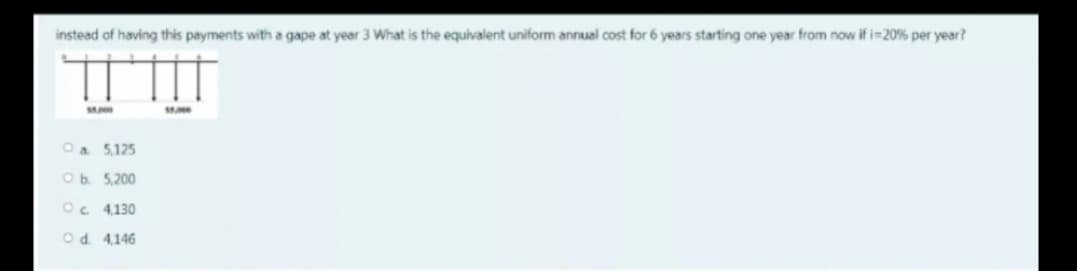 instead of having this payments with a gape at year 3 What is the equivalent uniform annual cost for 6 years starting one year from now if i=20% per year?
Oa 5,125
Ob 5.200
Oc 4130
Od. 4,146

