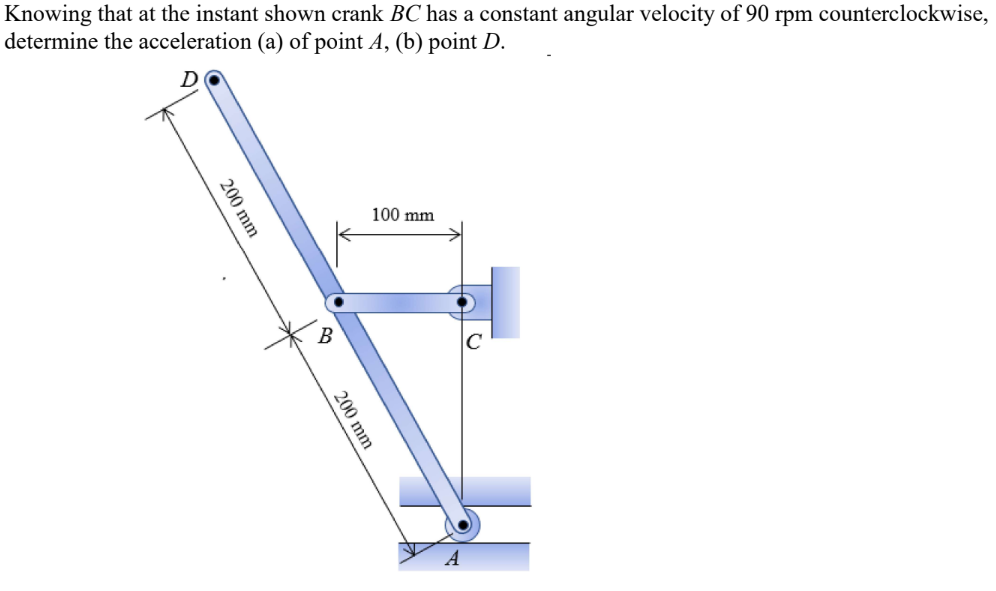 Knowing that at the instant shown crank BC has a constant angular velocity of 90 rpm counterclockwise,
determine the acceleration (a) of point A, (b) point D.
D
100 mm
200 mm
B
200 mm
