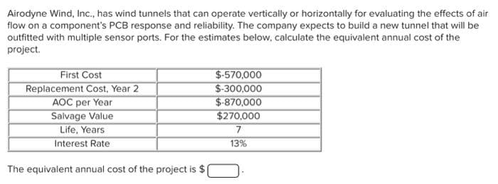 Airodyne Wind, Inc., has wind tunnels that can operate vertically or horizontally for evaluating the effects of air
flow on a component's PCB response and reliability. The company expects to build a new tunnel that will be
outfitted with multiple sensor ports. For the estimates below, calculate the equivalent annual cost of the
project.
First Cost
Replacement Cost, Year 2
AOC per Year
Salvage Value
Life, Years
Interest Rate
The equivalent annual cost of the project is $
$-570,000
$-300,000
$-870,000
$270,000
7
13%