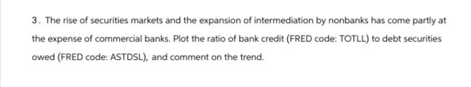 3. The rise of securities markets and the expansion of intermediation by nonbanks has come partly at
the expense of commercial banks. Plot the ratio of bank credit (FRED code: TOTLL) to debt securities
owed (FRED code: ASTDSL), and comment on the trend.