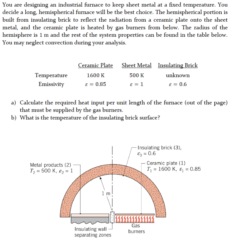 You are designing an industrial furnace to keep sheet metal at a fixed temperature. You
decide a long, hemispherical furnace will be the best choice. The hemispherical portion is
built from insulating brick to reflect the radiation from a ceramic plate onto the sheet
metal, and the ceramic plate is heated by gas burners from below. The radius of the
hemisphere is 1 m and the rest of the system properties can be found in the table below.
You may neglect convection during your analysis.
Temperature
Emissivity
Ceramic Plate
1600 K
ε = 0.85
Metal products (2)
T₂ = 500 K, ₂ = 1
Sheet Metal
500 K
ε = 1
a) Calculate the required heat input per unit length of the furnace (out of the page)
that must be supplied by the gas burners.
b) What is the temperature of the insulating brick surface?
Insulating wall
separating zones
Insulating Brick
unknown
ε = 0.6
-Insulating brick (3),
&3 = 0.6
- Ceramic plate (1)
T₁ = 1600K, &₁ = 0.85
Gas
burners