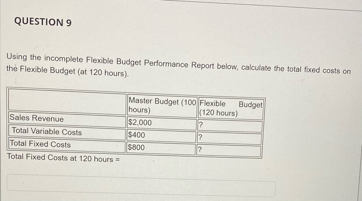 QUESTION 9
Using the incomplete Flexible Budget Performance Report below, calculate the total fixed costs on
the Flexible Budget (at 120 hours).
Master Budget (100 Flexible
Budget
hours)
(120 hours)
Sales Revenue
$2,000
Total Variable Costs
$400
?
Total Fixed Costs
$800
Total Fixed Costs at 120 hours =
