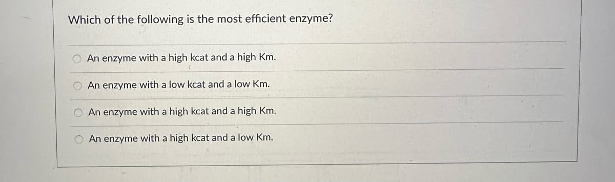 Which of the following is the most efficient enzyme?
An enzyme with a high kcat and a high Km.
An enzyme with a low kcat and a low Km.
An enzyme with a high kcat and a high Km.
An enzyme with a high kcat and a low Km.