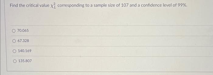 Find the critical value x corresponding to a sample size of 107 and a confidence level of 99%.
70.065
67.328
140.169
135.807