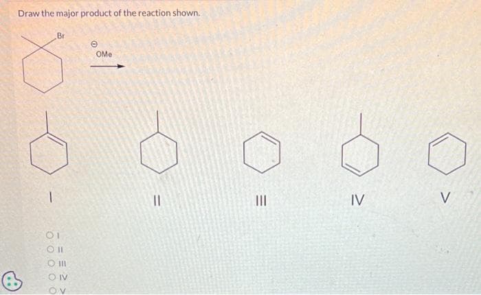 Draw the major product of the reaction shown.
1
Bri
01
10 11
O III
OIV
OV
OMe
||
=
|||
IV
V