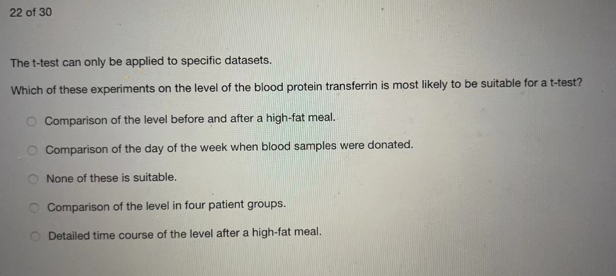 22 of 30
The t-test can only be applied to specific datasets.
Which of these experiments on the level of the blood protein transferrin is most likely to be suitable for a t-test?
Comparison of the level before and after a high-fat meal.
Comparison of the day of the week when blood samples were donated.
O None of these is suitable.
O Comparison of the level in four patient groups.
O Detailed time course of the level after a high-fat meal.
