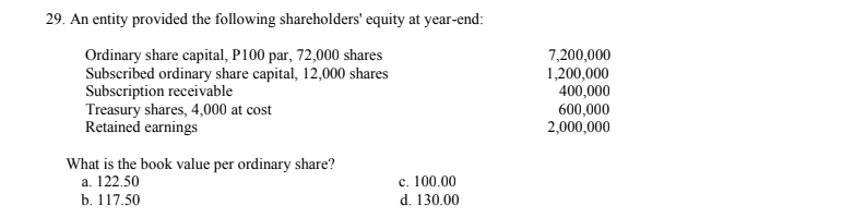 29. An entity provided the following shareholders' equity at year-end:
Ordinary share capital, P100 par, 72,000 shares
Subscribed ordinary share capital, 12,000 shares
Subscription receivable
Treasury shares, 4,000 at cost
Retained earnings
7,200,000
1,200,000
400,000
600,000
2,000,000
What is the book value per ordinary share?
a. 122.50
c. 100.00
d. 130.00
b. 117.50
