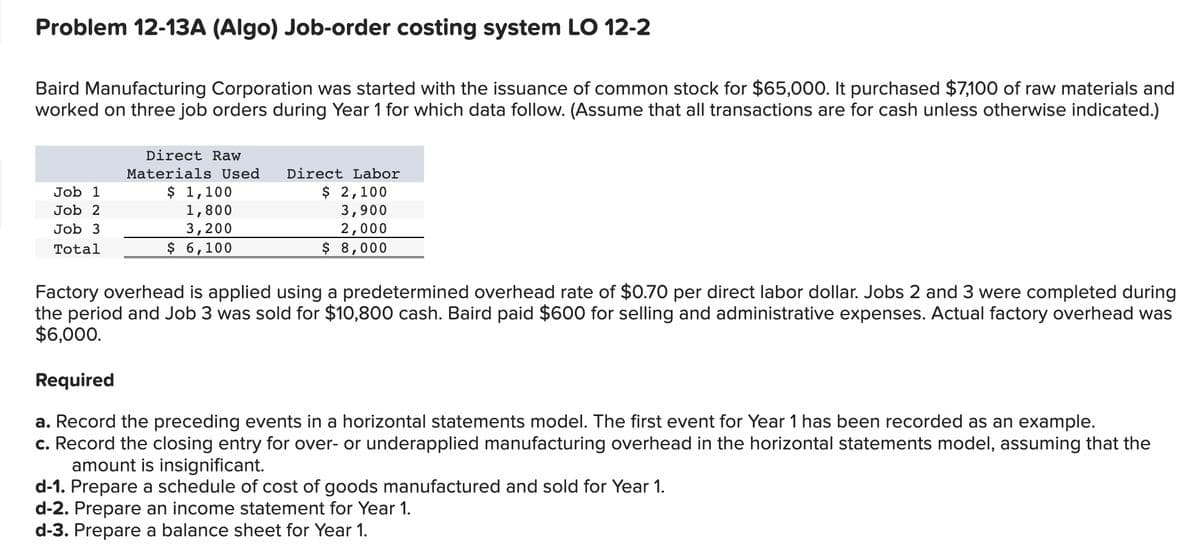 Problem 12-13A (Algo) Job-order costing system LO 12-2
Baird Manufacturing Corporation was started with the issuance of common stock for $65,000. It purchased $7,100 of raw materials and
worked on three job orders during Year 1 for which data follow. (Assume that all transactions are for cash unless otherwise indicated.)
Job 1
Job 2
Job 3
Total
Direct Raw
Materials Used
$ 1,100
1,800
3,200
$ 6,100
Direct Labor
$ 2,100
3,900
2,000
$ 8,000
Factory overhead is applied using a predetermined overhead rate of $0.70 per direct labor dollar. Jobs 2 and 3 were completed during
the period and Job 3 was sold for $10,800 cash. Baird paid $600 for selling and administrative expenses. Actual factory overhead was
$6,000.
Required
a. Record the preceding events in a horizontal statements model. The first event for Year 1 has been recorded as an example.
c. Record the closing entry for over- or underapplied manufacturing overhead in the horizontal statements model, assuming that the
amount is insignificant.
d-1. Prepare a schedule of cost of goods manufactured and sold for Year 1.
d-2. Prepare an income statement for Year 1.
d-3. Prepare a balance sheet for Year 1.