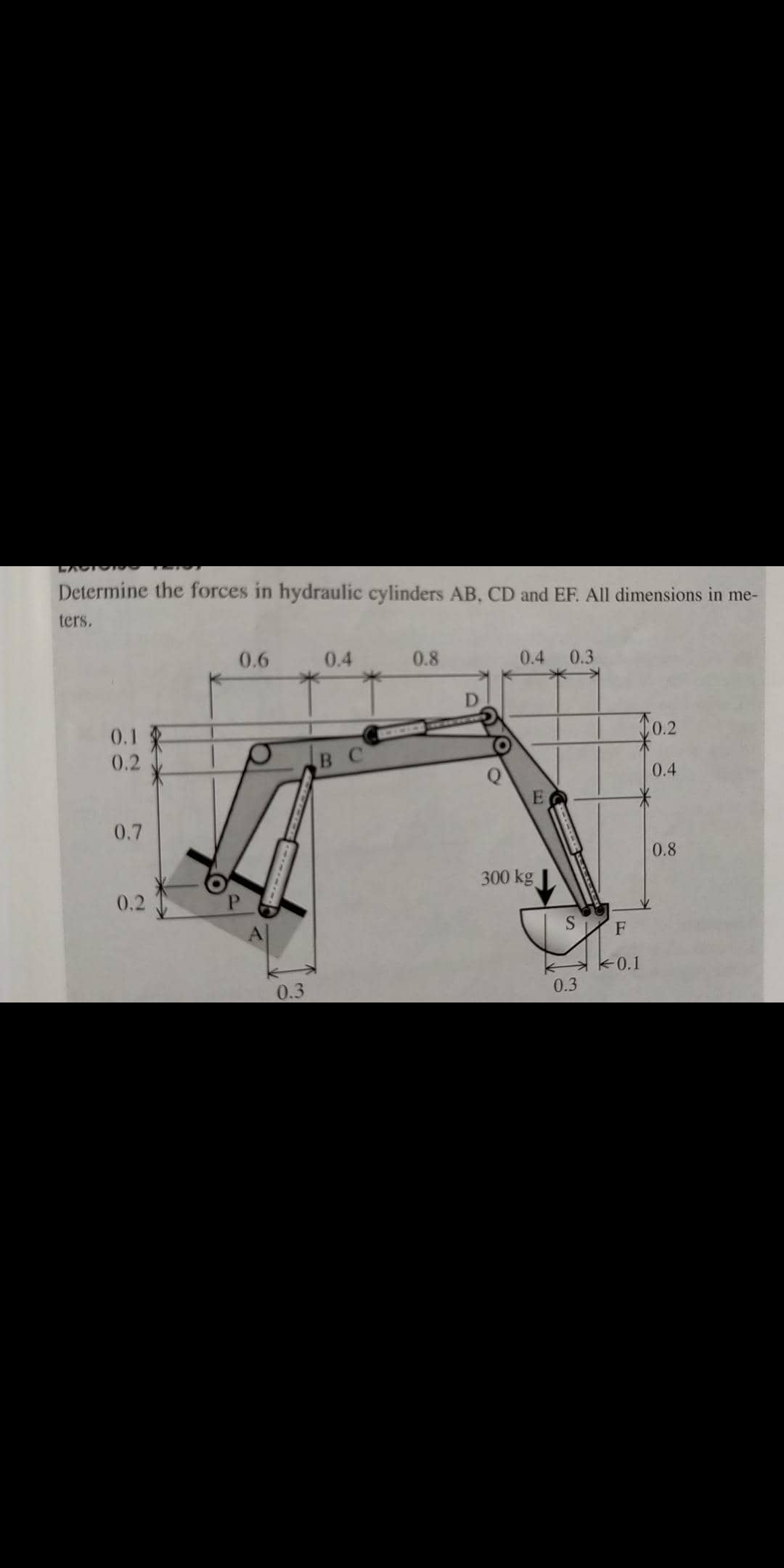 Determine the forces in hydraulic cylinders AB, CD and EF. All dimensions in me-
ters.
0.6
0.4
0.8
0.4
0.3
To.2
0.1
0.2
B
0.4
米
0.7
0.8
300 kg
0.2
S.
F
0.1
0.3
0.3

