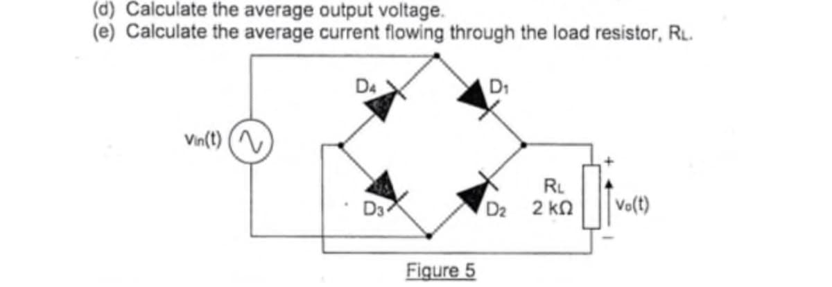 (d) Calculate the average output voltage.
(e) Calculate the average current flowing through the load resistor, RL.
Vin(t) (~
D4
Figure 5
D₁
RL
D₂ 2kQ
Vo(t)