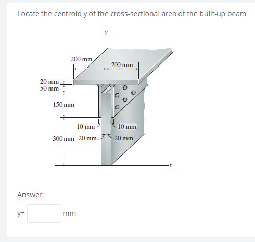 Locate the centroid y of the cross-sectional area of the built-up beam
200 mm,
200 mm
20 mm
50 mm
150 mm
10 mm
10 mm
300 mm 20 mm-
20 mm
Answer:
y=
mm
