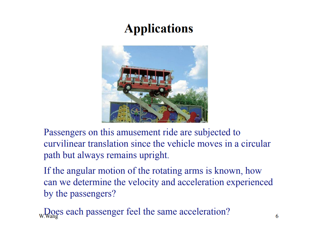 Applications
Passengers on this amusement ride are subjected to
curvilinear translation since the vehicle moves in a circular
path but always remains upright.
If the angular motion of the rotating arms is known, how
can we determine the velocity and acceleration experienced
by the passengers?
Does each passenger feel the same acceleration?
W.Wang
