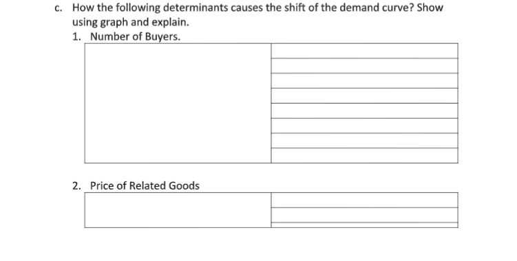c. How the following determinants causes the shift of the demand curve? Show
using graph and explain.
1. Number of Buyers.
2. Price of Related Goods
