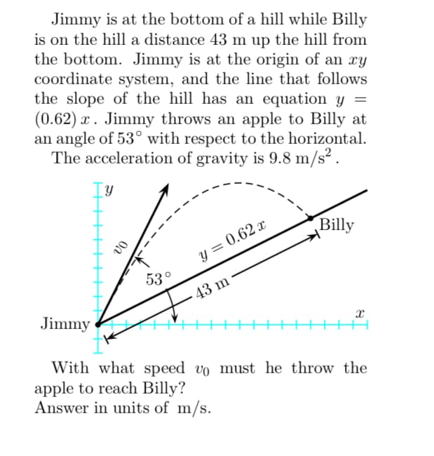 Jimmy is at the bottom of a hill while Billy
is on the hill a distance 43 m up the hill from
the bottom. Jimmy is at the origin of an xy
coordinate system, and the line that follows
the slope of the hill has an equation y =
(0.62) x. Jimmy throws an apple to Billy at
an angle of 53° with respect to the horizontal.
The acceleration of gravity is 9.8 m/s².
Iy
Jimmy
VO
53°
y = 0.62 x
43 m
Billy
X
With what speed vo must he throw the
apple to reach Billy?
Answer in units of m/s.
