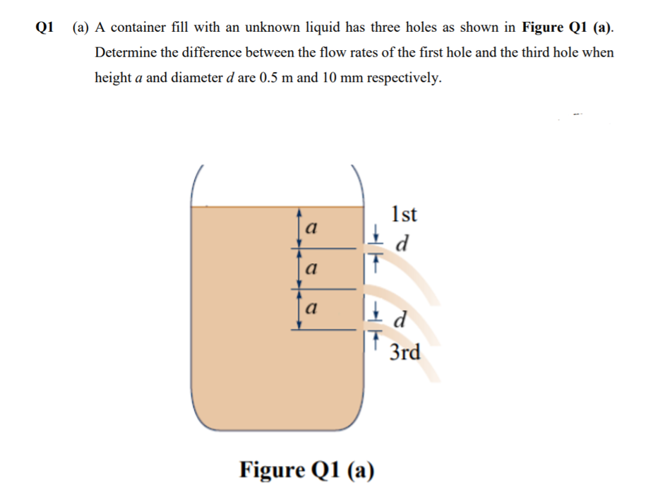 Q1
(a) A container fill with an unknown liquid has three holes as shown in Figure Q1 (a).
Determine the difference between the flow rates of the first hole and the third hole when
height a and diameter d are 0.5 m and 10 mm respectively.
1st
a
d
a
a
- d
3rd
Figure Q1 (a)
