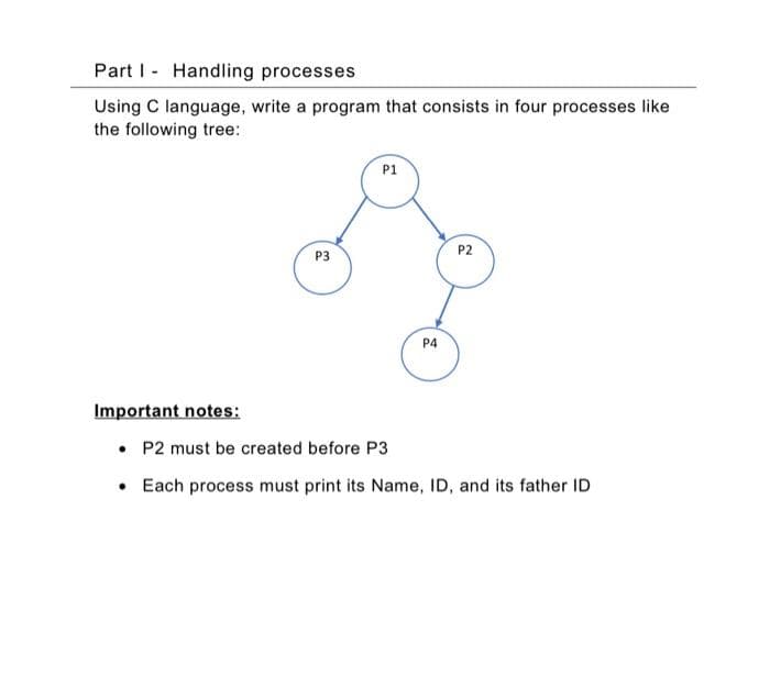 Part I - Handling processes
Using C language, write a program that consists in four processes like
the following tree:
P1
P2
P3
P4
Important notes:
• P2 must be created before P3
• Each process must print its Name, ID, and its father ID
