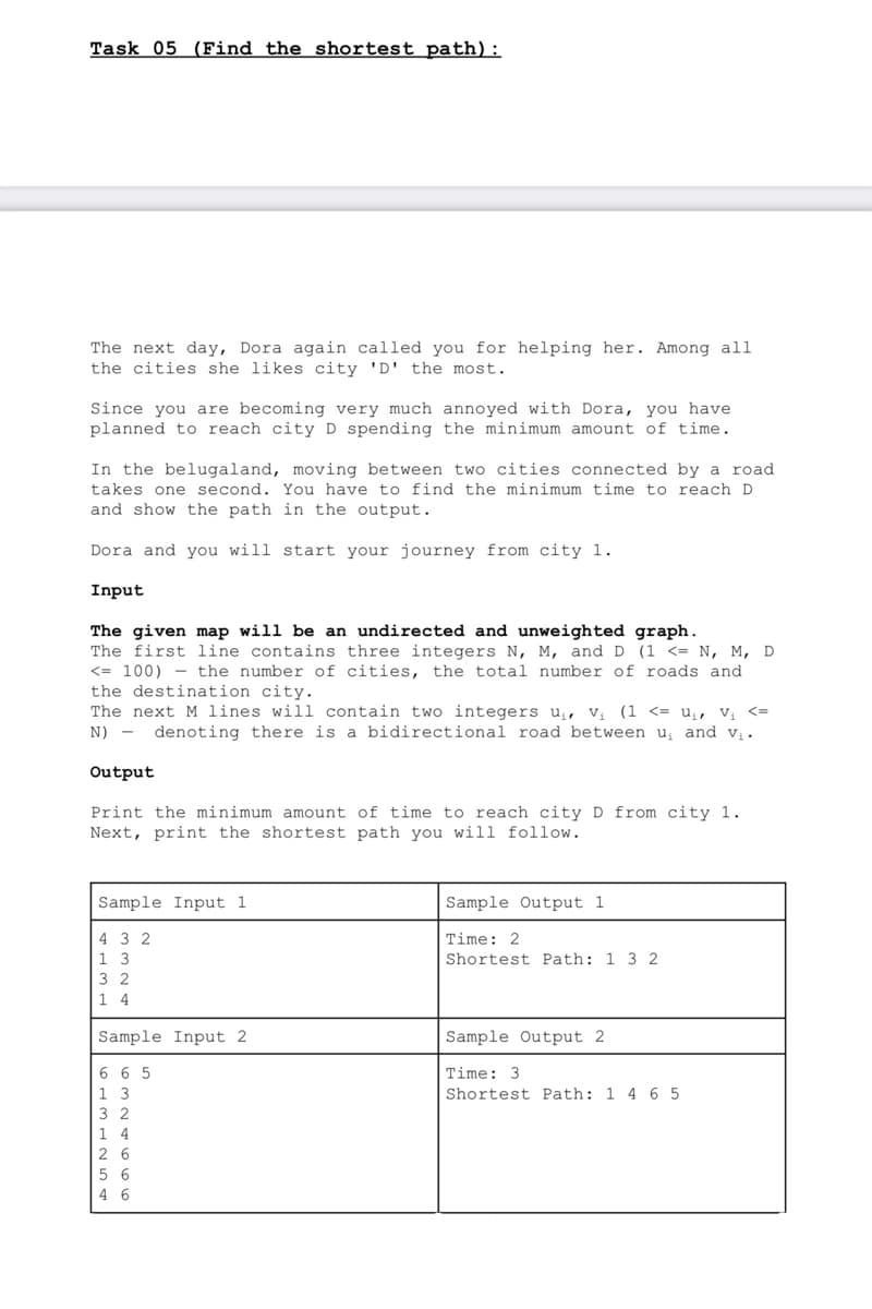 Task 05 (Find the shortest path):
The next day, Dora again called you for helping her. Among all
the cities she likes city 'D' the most.
Since you are becoming very much annoyed with Dora, you have
planned to reach city D spending the minimum amount of time.
In the belugaland, moving between two cities connected by a road
takes one second. You have to find the minimum time to reach D
and show the path in the output.
Dora and you will start your journey from city 1.
Input
The given map will be an undirected and unweighted graph.
The first line contains three integers N, M, and D (1 <= N, M, D
<= 100) the number of cities, the total number of roads and
the destination city.
The next M lines will contain two integers u₁, V₁ (1 <= ₁, V₁ <=
N) - denoting there is a bidirectional road between u₁ and v₁.
Output
Print the minimum amount of time to reach city D from city 1.
Next, print the shortest path you will follow.
Sample Input 1
432
1 3
32
14
Sample Input 2
665
1 3
32
14
26
5 6
46
Sample Output 1
Time: 2
Shortest Path: 1 3 2
Sample Output 2
Time: 3
Shortest Path: 1 4 65