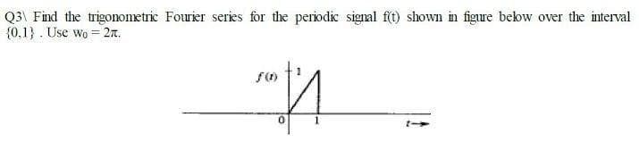 Q3\ Find the trigonometric Fourier series for the periodic signal fit) shown in figure below over the interval
{0.1} . Use wo = 2r.
