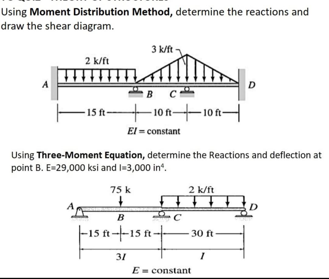 Using Moment Distribution Method, determine the reactions and
draw the shear diagram.
3 k/ft
2 k/ft
A
D
в ст
10 ft 10 ft-
15 ft-
El = constant
Using Three-Moment Equation, determine the Reactions and deflection at
point B. E=29,000 ksi and I=3,000 in“.
75 k
2 k/ft
D
B
C
-15 ft ---15 ft -
30 ft
31
I
E =
= constant
