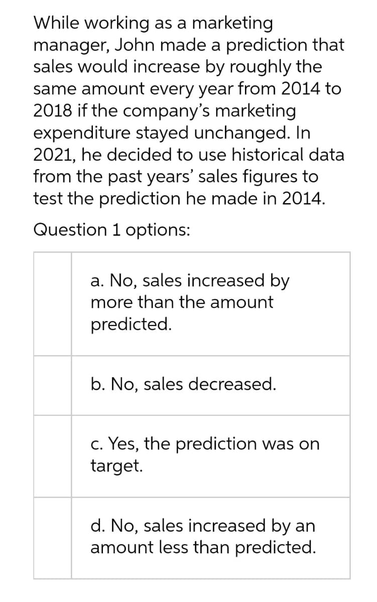 While working as a marketing
manager, John made a prediction that
sales would increase by roughly the
same amount every year from 2014 to
2018 if the company's marketing
expenditure stayed unchanged. In
2021, he decided to use historical data
from the past years' sales figures to
test the prediction he made in 2014.
Question 1 options:
a. No, sales increased by
more than the amount
predicted.
b. No, sales decreased.
c. Yes, the prediction was on
target.
d. No, sales increased by an
amount less than predicted.