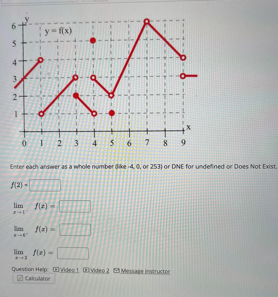 y = f(x)
5 +---
2+-
1
X
1
3
4
6.
7
8.
9.
Enter each answer as a whole number (like -4, 0, or 253) or DNE for undefined or Does Not Exist.
f(2) =
lim
f(x) =
%3D
lim
f(x) =
lim
f(x) =
%3D
エ→2
Question Help: DVideo 1 D Video 2 M Message instructor
Z Calculator
3.
