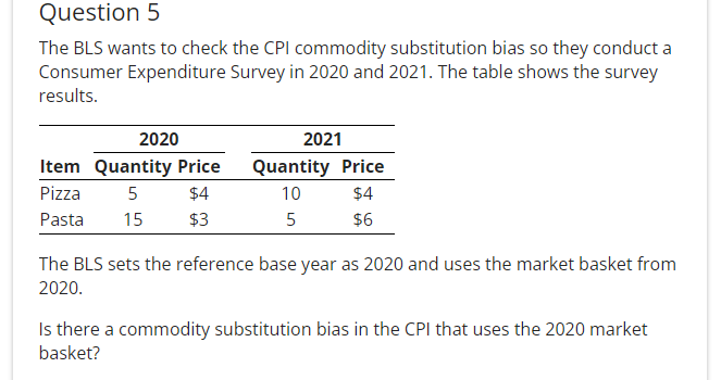Question 5
The BLS wants to check the CPI commodity substitution bias so they conduct a
Consumer Expenditure Survey in 2020 and 2021. The table shows the survey
results.
2020
Item Quantity Price
Pizza
5
$4
Pasta 15
$3
2021
Quantity Price
10
$4
5
$6
The BLS sets the reference base year as 2020 and uses the market basket from
2020.
Is there a commodity substitution bias in the CPI that uses the 2020 market
basket?