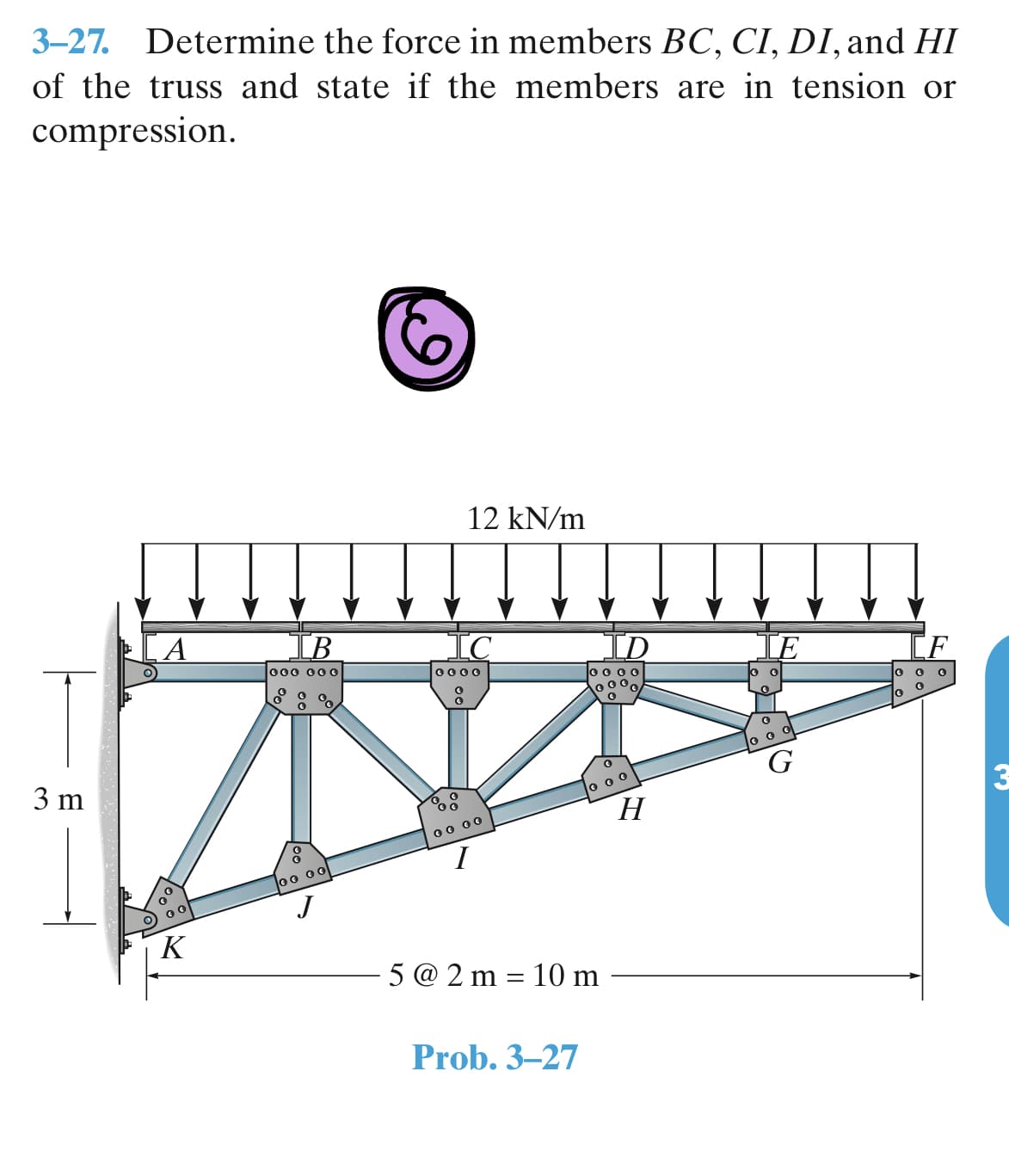 3-27. Determine the force in members BC, CI, DI, and HI
of the truss and state if the members are in tension or
compression.
3 m
K
B
000 000
8
00 00
J
12 kN/m
IC
0000
00 00
I
5 @ 2 m 10 m
=
Prob. 3-27
D
0 0 0 0
H
E
O
G
0