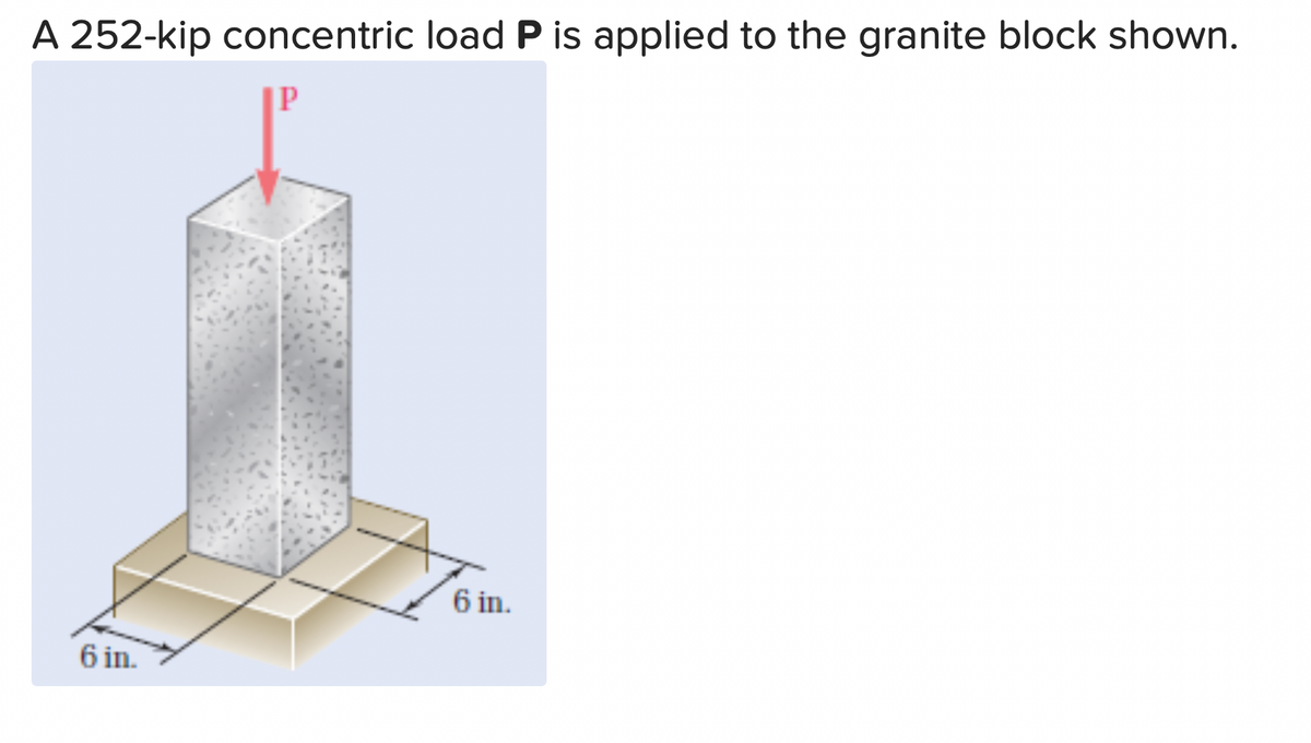 A 252-kip concentric load P is applied to the granite block shown.
P
6 in.
6 in.