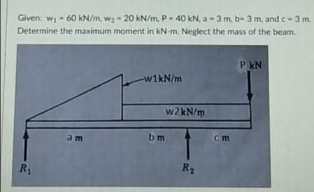 Given: w - 60 kN/m, w, - 20 kN/m, P- 40 kN, a- 3 m, b- 3 m, and c-3 m.
Determine the maximum moment in kN-m. Neglect the mass of the beam.
P kN
-w1kN/m
w2kN/m
am
bm
Cm
R1
R2
