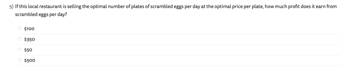 5) If this local restaurant is selling the optimal number of plates of scrambled eggs per day at the optimal price per plate, how much profit does it earn from
scrambled eggs per day?
$100
$350
$50
$500