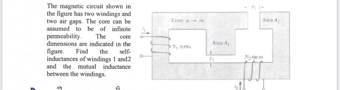 The magnetic circuit shown in
the figure has two windings and
two air gaps. The core can be
assumed to be of infinite
Core u 0
Arca A
permeability.
dimensions are indicated in the
The
core
Area A
N tums
figure.
inductances of windings 1 and2
and the mutual inductance
between the windings.
Find
the
self-
Na turas
